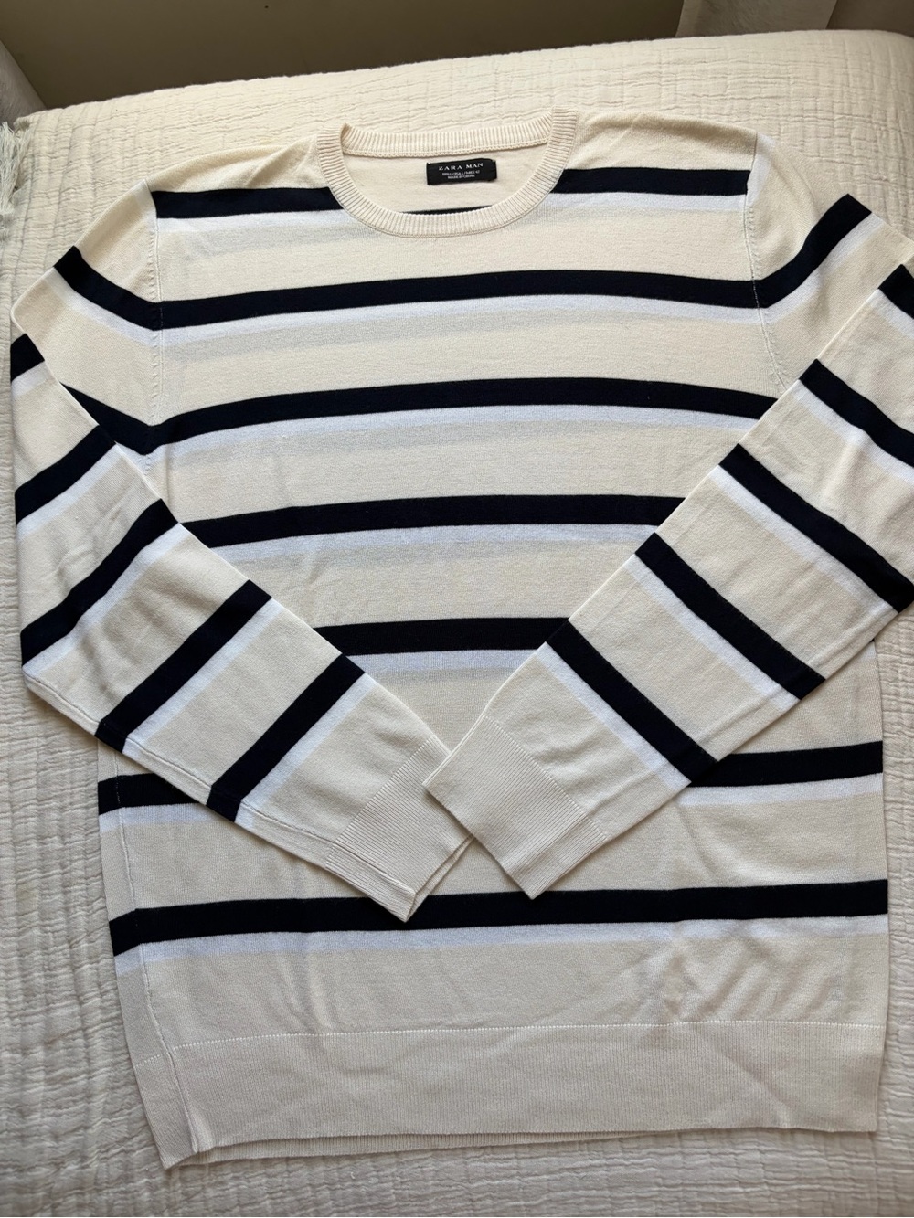 Zara Cream Crewneck Sweater with Black Stripes